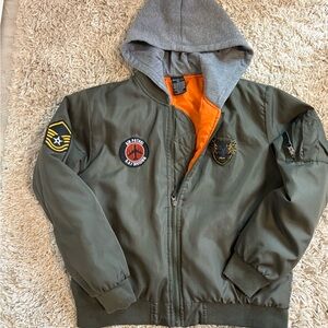 Ring of Fire Olive Hooded Bomber Jacket w/ Orange Lining, size YXL, EUC